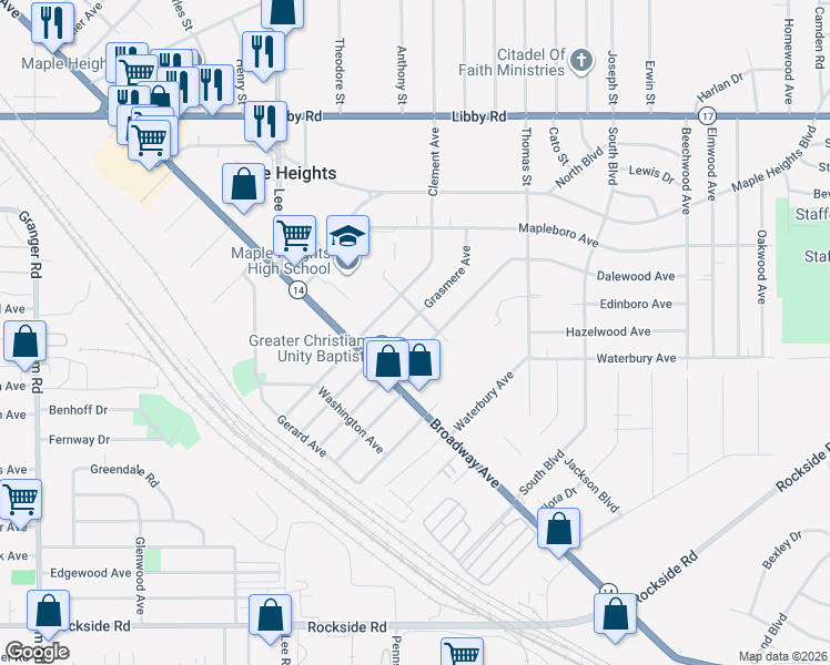 map of restaurants, bars, coffee shops, grocery stores, and more near 5557 Grasmere Avenue in Maple Heights