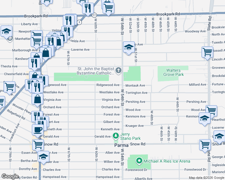 map of restaurants, bars, coffee shops, grocery stores, and more near 5610 Westlake Avenue in Parma