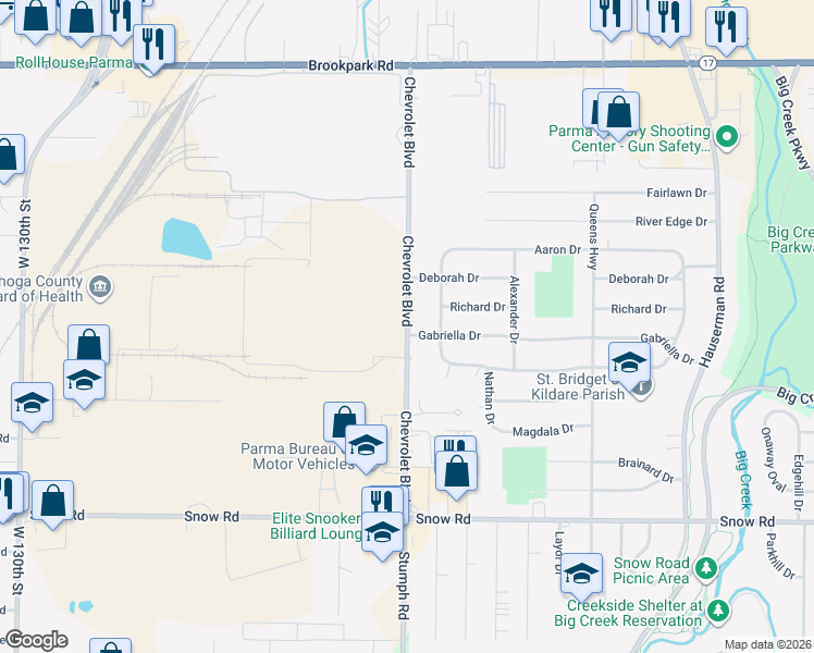 map of restaurants, bars, coffee shops, grocery stores, and more near 5520 Chevrolet Boulevard in Parma
