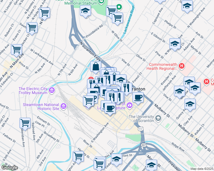 map of restaurants, bars, coffee shops, grocery stores, and more near 220 Linden Street in Scranton