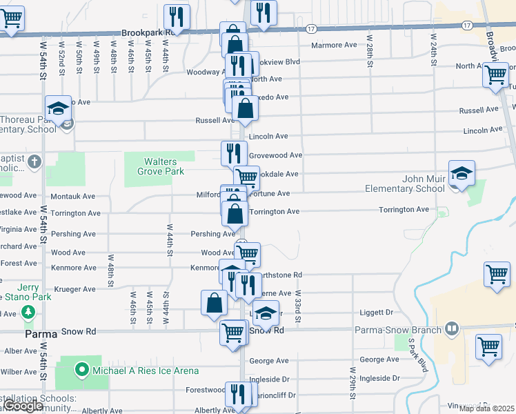 map of restaurants, bars, coffee shops, grocery stores, and more near 3438 Torrington Ave in Parma