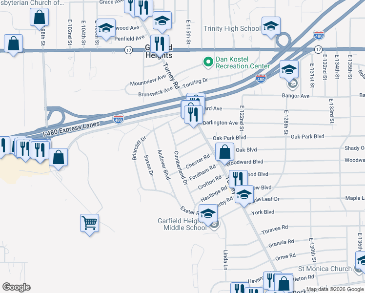 map of restaurants, bars, coffee shops, grocery stores, and more near 5570 Cumberland Drive in Garfield Heights