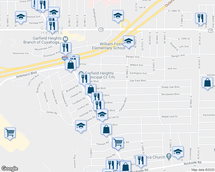 map of restaurants, bars, coffee shops, grocery stores, and more near 12311 Shady Oak Boulevard in Garfield Heights