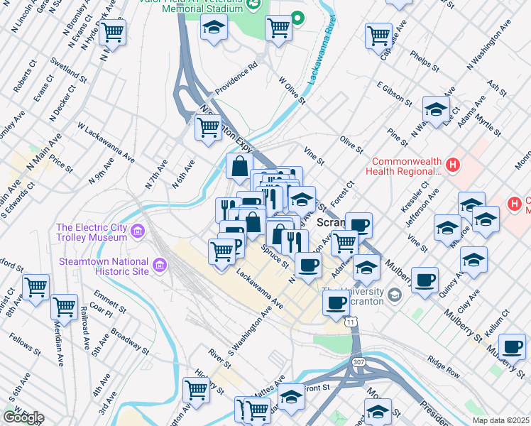map of restaurants, bars, coffee shops, grocery stores, and more near 220 Linden Street in Scranton