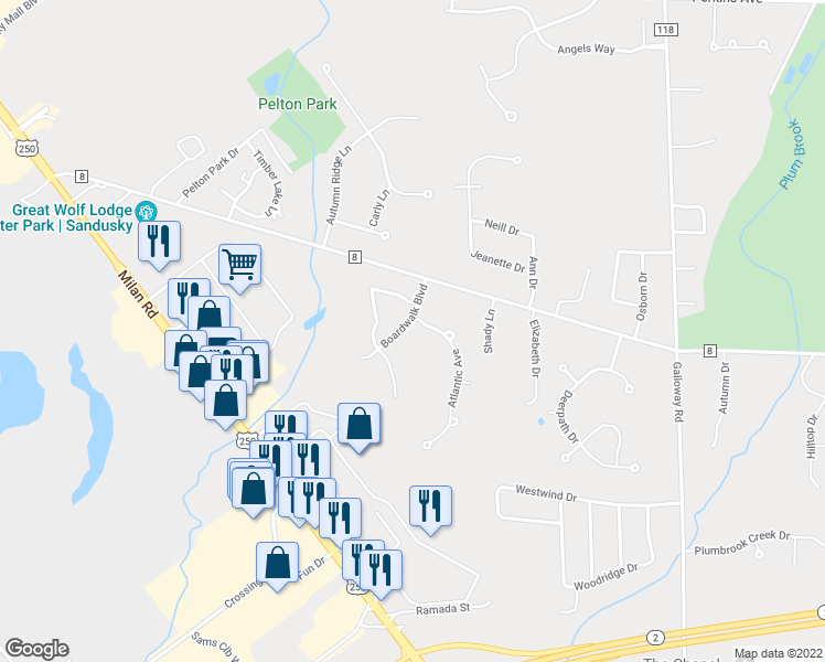 map of restaurants, bars, coffee shops, grocery stores, and more near 1914 Atlantic Avenue in Sandusky