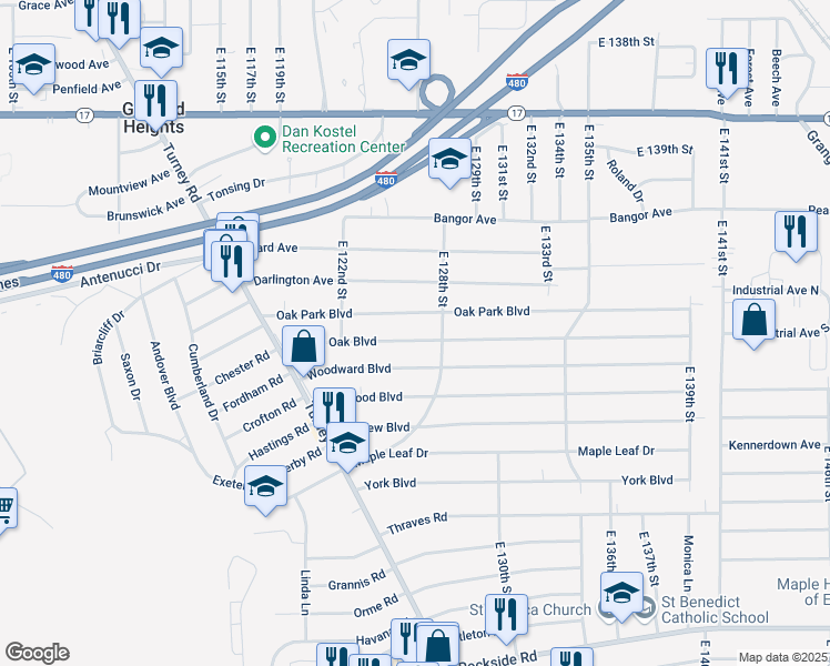 map of restaurants, bars, coffee shops, grocery stores, and more near 12604 Shady Oak Boulevard in Garfield Heights