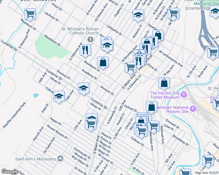 map of restaurants, bars, coffee shops, grocery stores, and more near in Scranton
