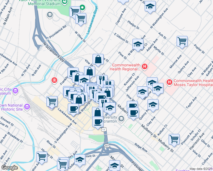 map of restaurants, bars, coffee shops, grocery stores, and more near 416 North Washington Avenue in Scranton