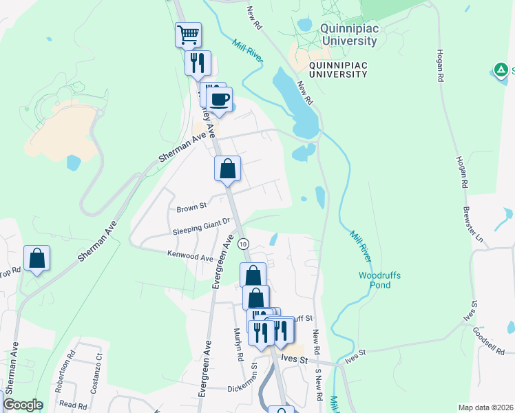 map of restaurants, bars, coffee shops, grocery stores, and more near 3171 Whitney Avenue in Hamden