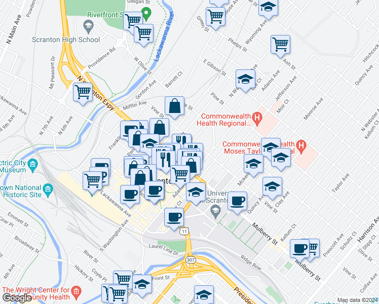 map of restaurants, bars, coffee shops, grocery stores, and more near 420 North Washington Avenue in Scranton