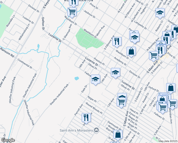 map of restaurants, bars, coffee shops, grocery stores, and more near 1600 Fellows Street in Scranton