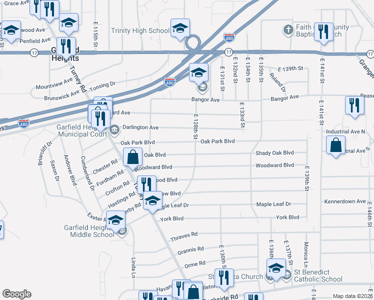 map of restaurants, bars, coffee shops, grocery stores, and more near 12604 Shady Oak Boulevard in Garfield Heights