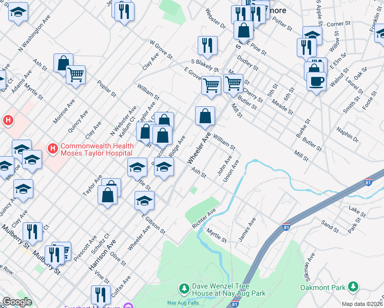 map of restaurants, bars, coffee shops, grocery stores, and more near 1007 Wheeler Avenue in Scranton