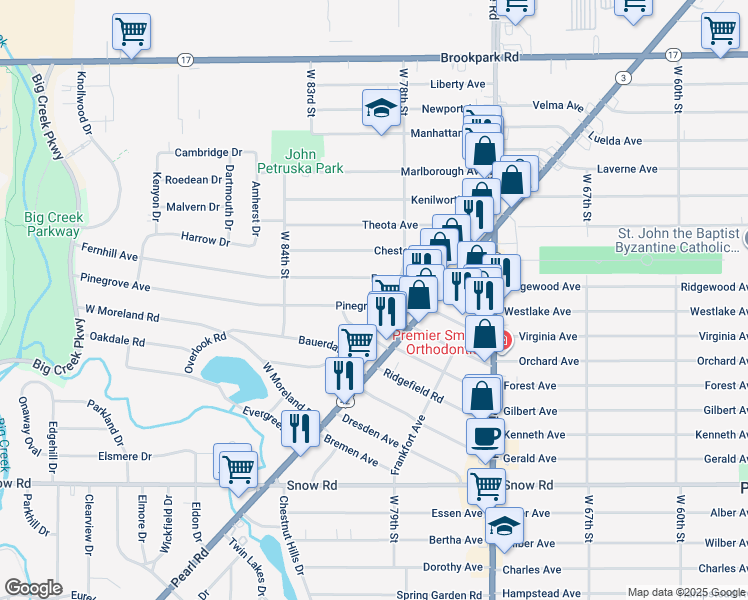 map of restaurants, bars, coffee shops, grocery stores, and more near 8002 Pinegrove Avenue in Parma