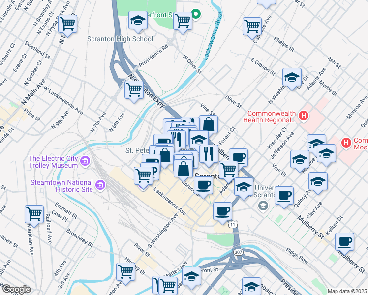 map of restaurants, bars, coffee shops, grocery stores, and more near 303 Linden Street in Scranton