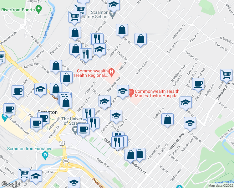 map of restaurants, bars, coffee shops, grocery stores, and more near 643 Monroe Avenue in Scranton