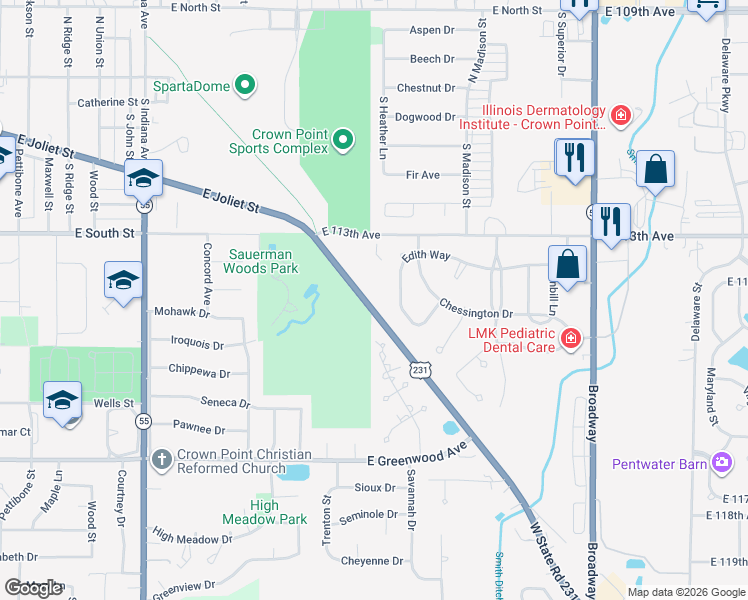 map of restaurants, bars, coffee shops, grocery stores, and more near in Crown Point
