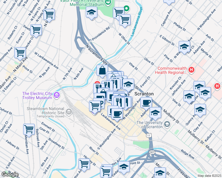 map of restaurants, bars, coffee shops, grocery stores, and more near in Scranton