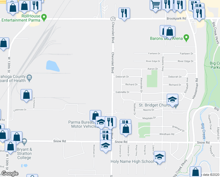 map of restaurants, bars, coffee shops, grocery stores, and more near 5520 Chevrolet Boulevard in Parma