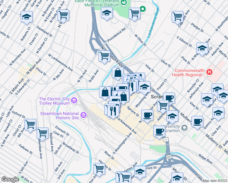 map of restaurants, bars, coffee shops, grocery stores, and more near 200 Mifflin Avenue in Scranton