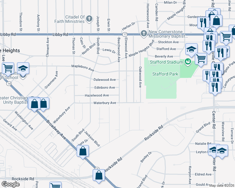 map of restaurants, bars, coffee shops, grocery stores, and more near 5550 Beechwood Avenue in Maple Heights