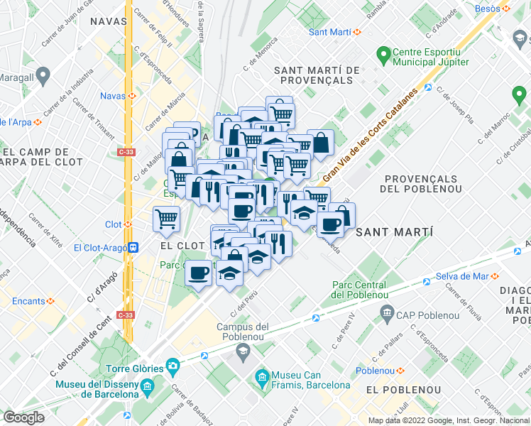 map of restaurants, bars, coffee shops, grocery stores, and more near 248 Carrer de Lope de Vega in Barcelona