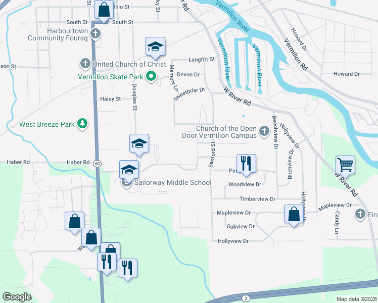 map of restaurants, bars, coffee shops, grocery stores, and more near 1250 Sanford Street in Vermilion