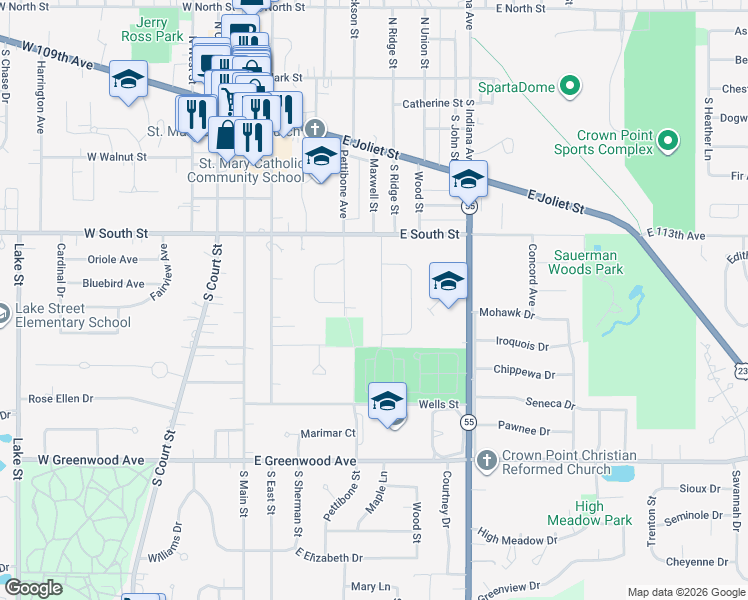 map of restaurants, bars, coffee shops, grocery stores, and more near 329 Maple Lane in Crown Point