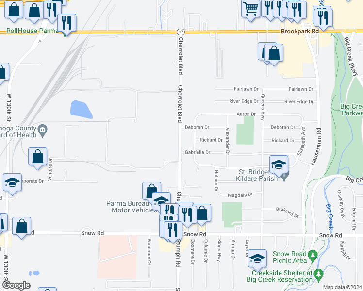 map of restaurants, bars, coffee shops, grocery stores, and more near 5544 Abraham Avenue in Parma