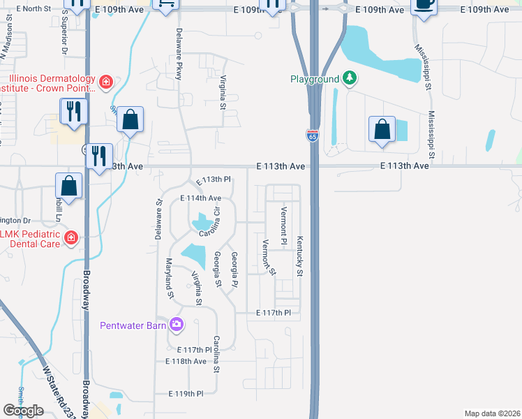 map of restaurants, bars, coffee shops, grocery stores, and more near 11428 Vermont Street in Crown Point