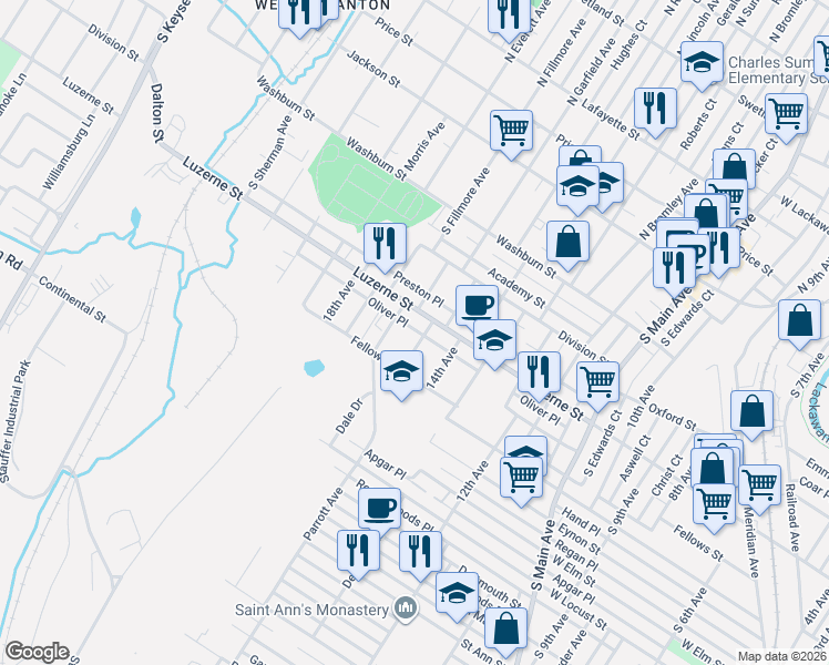 map of restaurants, bars, coffee shops, grocery stores, and more near 428 15th Avenue in Scranton