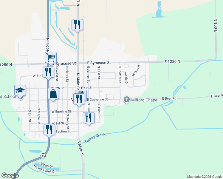 map of restaurants, bars, coffee shops, grocery stores, and more near 111 North Shaffer Street in Milford
