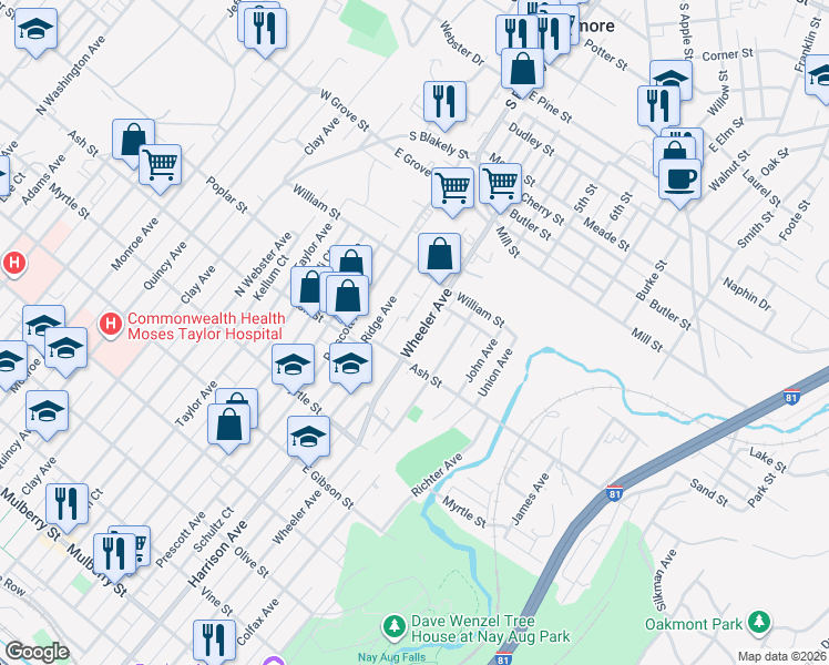 map of restaurants, bars, coffee shops, grocery stores, and more near 1007 Wheeler Avenue in Scranton