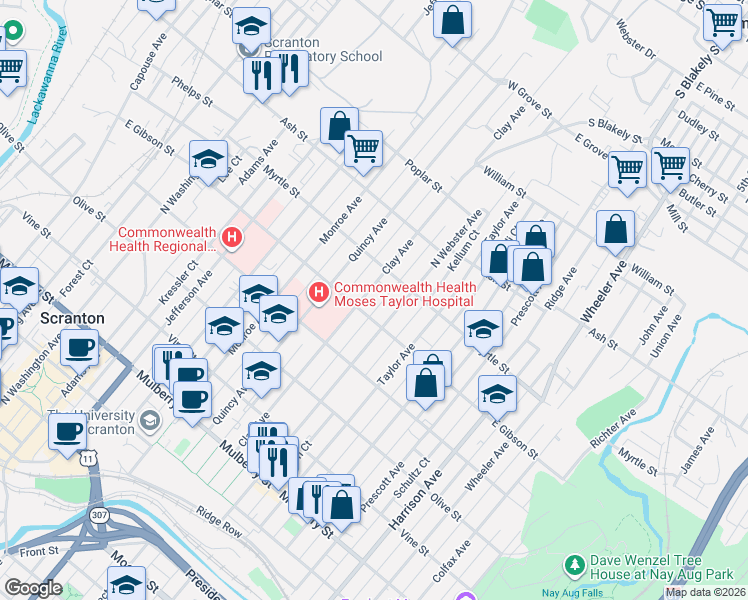 map of restaurants, bars, coffee shops, grocery stores, and more near 801 North Webster Avenue in Scranton