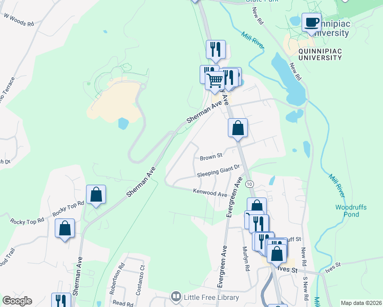 map of restaurants, bars, coffee shops, grocery stores, and more near 94 Brown Street in Hamden