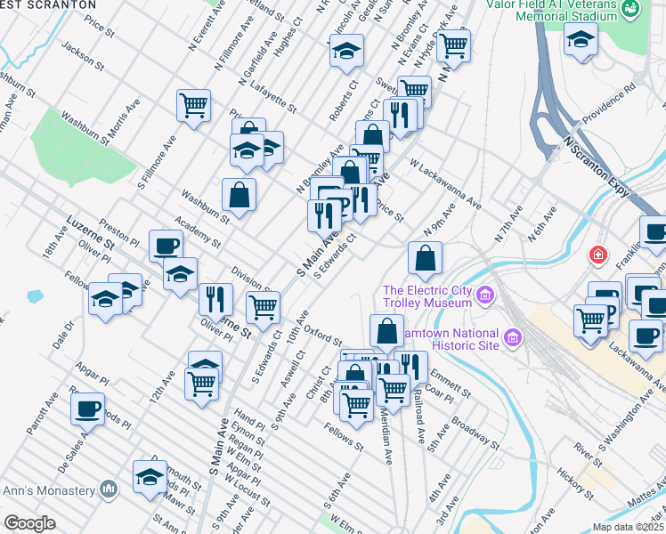 map of restaurants, bars, coffee shops, grocery stores, and more near 138 10th Avenue in Scranton