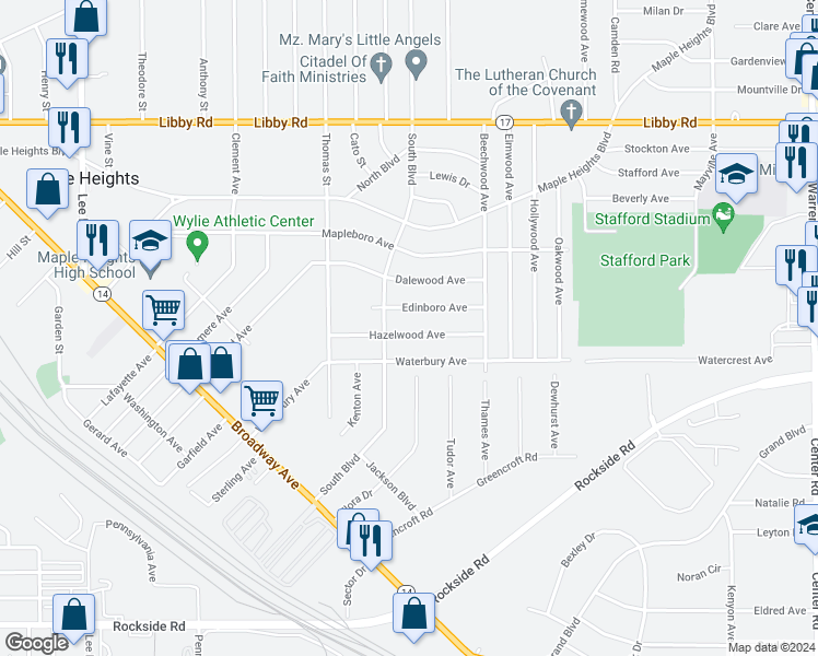 map of restaurants, bars, coffee shops, grocery stores, and more near 18201 Hazelwood Avenue in Maple Heights
