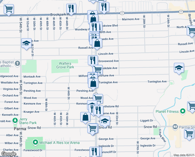 map of restaurants, bars, coffee shops, grocery stores, and more near 3438 Torrington Avenue in Parma