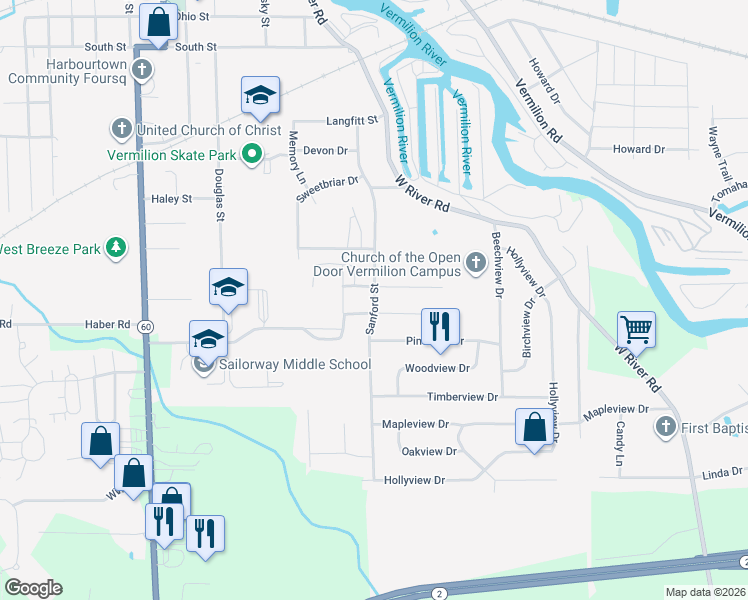 map of restaurants, bars, coffee shops, grocery stores, and more near 1250 Sanford Street in Vermilion