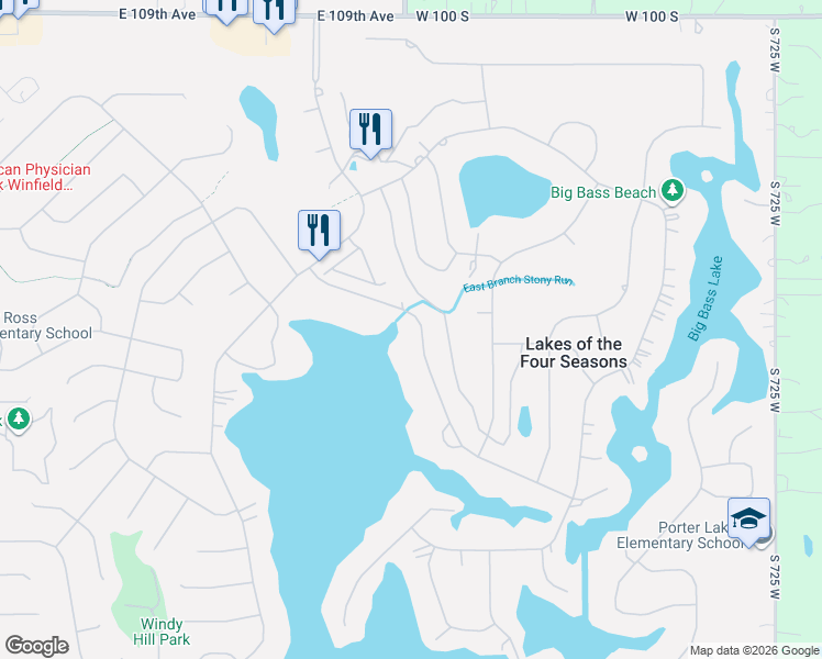 map of restaurants, bars, coffee shops, grocery stores, and more near 2528-2598 East Lakeshore Drive in Crown Point