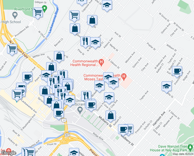 map of restaurants, bars, coffee shops, grocery stores, and more near 720 Olive Street in Scranton
