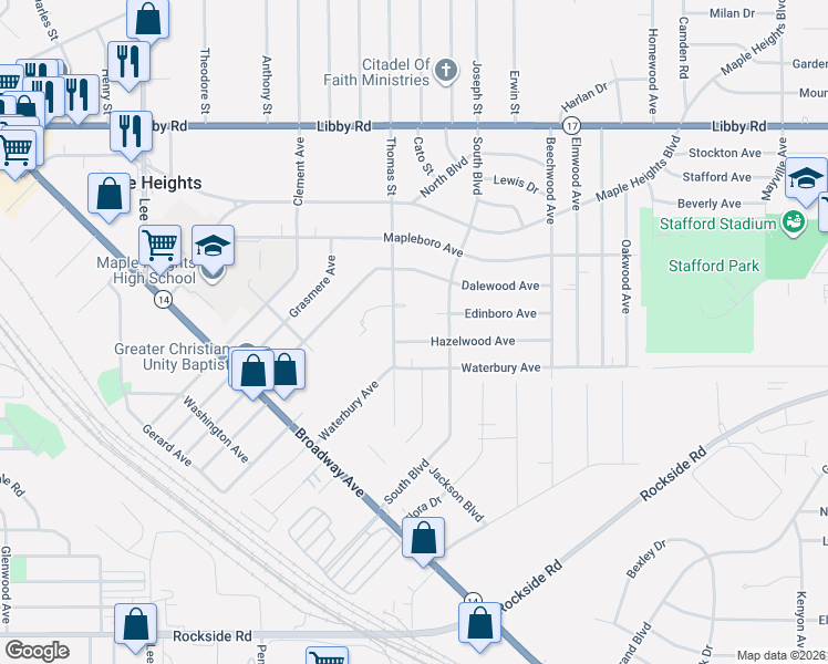 map of restaurants, bars, coffee shops, grocery stores, and more near 17816 Hazelwood Avenue in Maple Heights