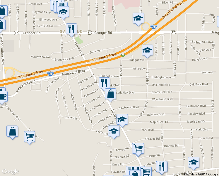 map of restaurants, bars, coffee shops, grocery stores, and more near 12015 Shady Oak Boulevard in Garfield Heights