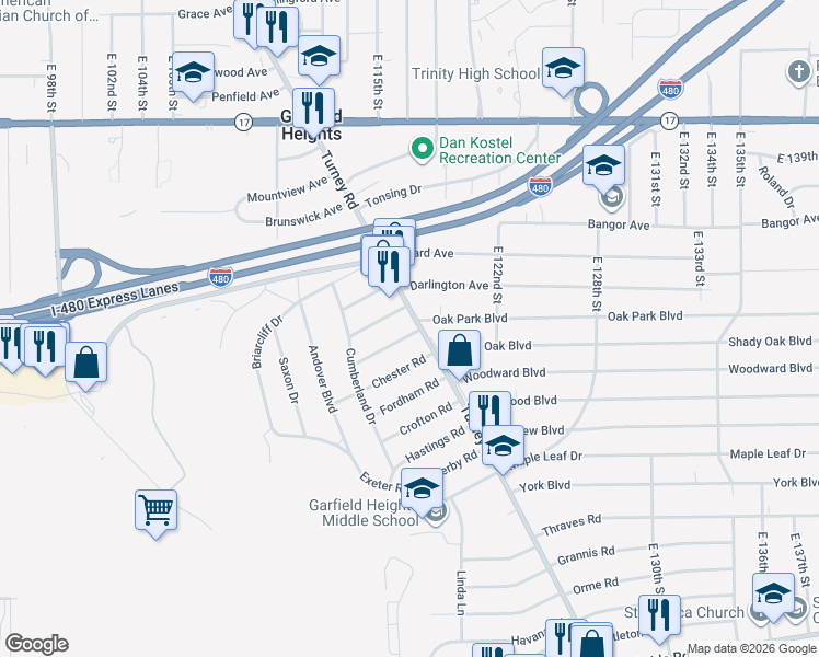 map of restaurants, bars, coffee shops, grocery stores, and more near 5588 Turney Road in Garfield Heights