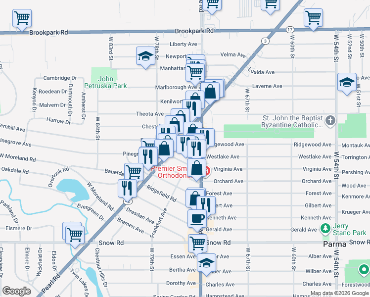 map of restaurants, bars, coffee shops, grocery stores, and more near 7518 Virginia Avenue in Parma