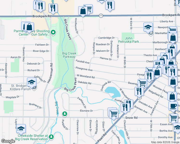 map of restaurants, bars, coffee shops, grocery stores, and more near 9410 West Moreland Road in Parma