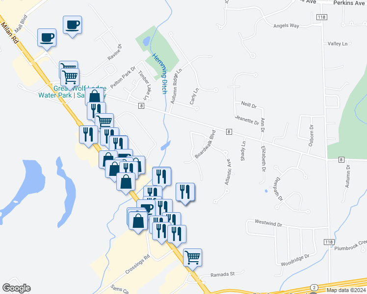 map of restaurants, bars, coffee shops, grocery stores, and more near 3800 Boardwalk Boulevard in Sandusky