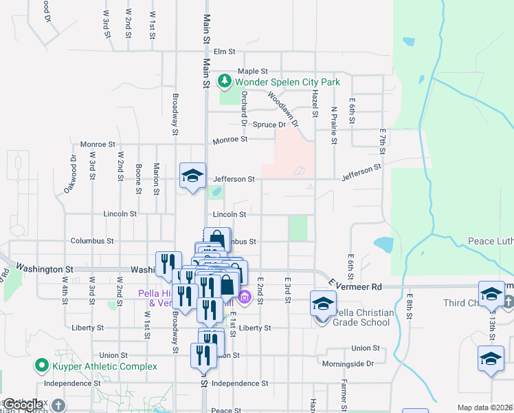 map of restaurants, bars, coffee shops, grocery stores, and more near 1014 East 2nd Street in Pella
