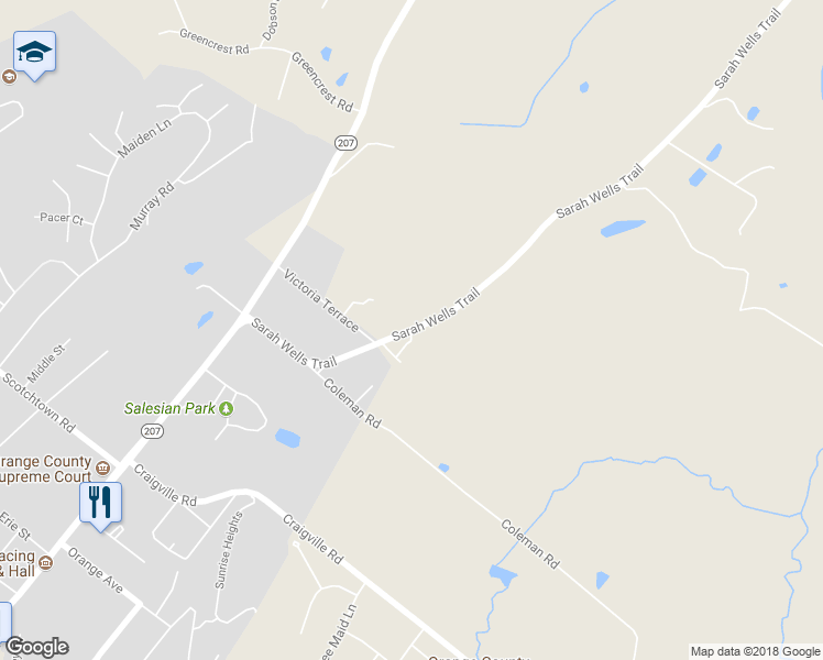 map of restaurants, bars, coffee shops, grocery stores, and more near Sarah Wells Trail & Victoria Lane in Goshen