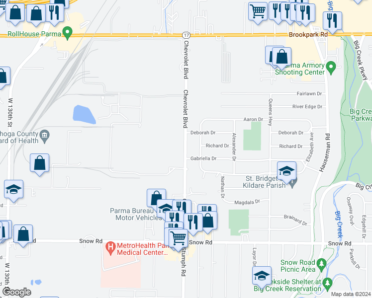 map of restaurants, bars, coffee shops, grocery stores, and more near 5520 Chevrolet Boulevard in Parma